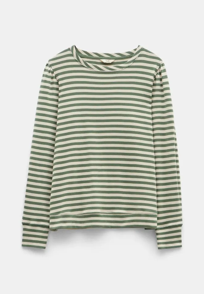 Hush Tops and Tshirts Women Emily Cotton Striped Puff Sleeve Top Moss Green Hush Tops and Tshirts Women Emily Cotton Striped Puff Sleeve Top Moss Green