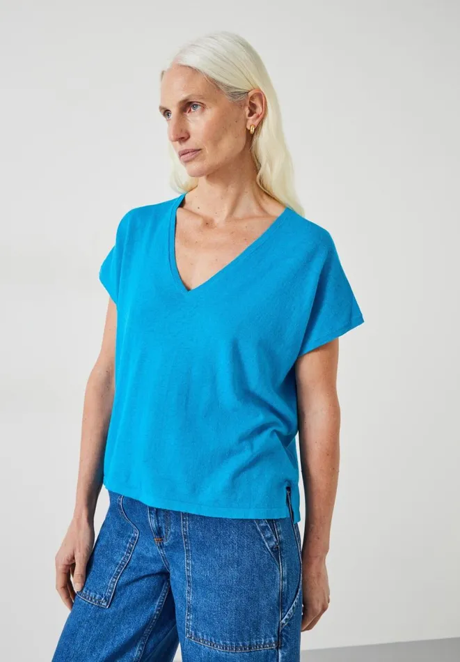 Hush Tops and Tshirts Women Emmerline Linen Blend Knitted Top Ocean Blue