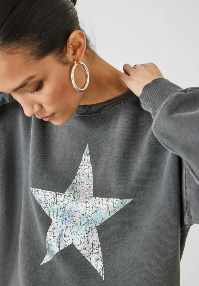 Hush Tops and Tshirts Women Iridescent Star Relaxed Sweat Washed Black Hush Tops and Tshirts Women Iridescent Star Relaxed Sweat Washed Black