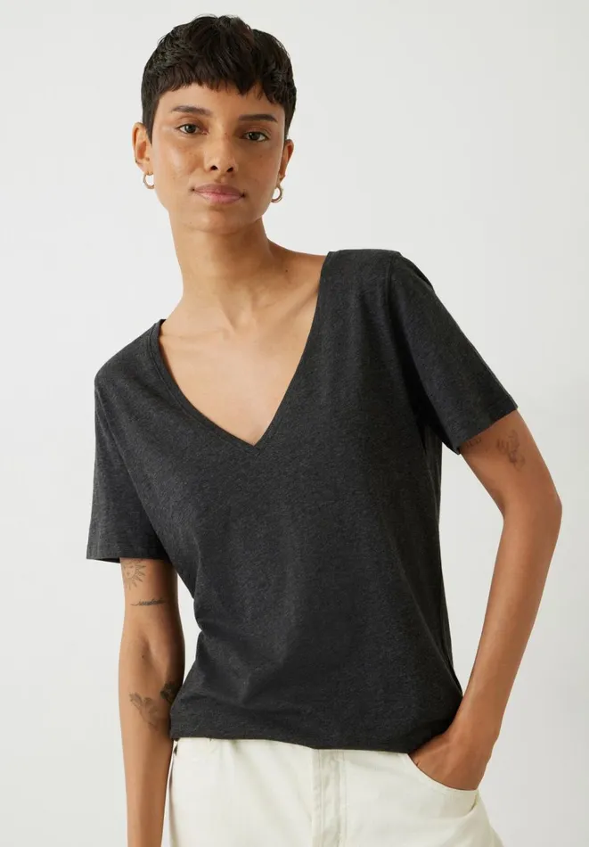 Hush Tops and Tshirts Women Kali Cotton Slub VNeck TShirt Charcoal Marl