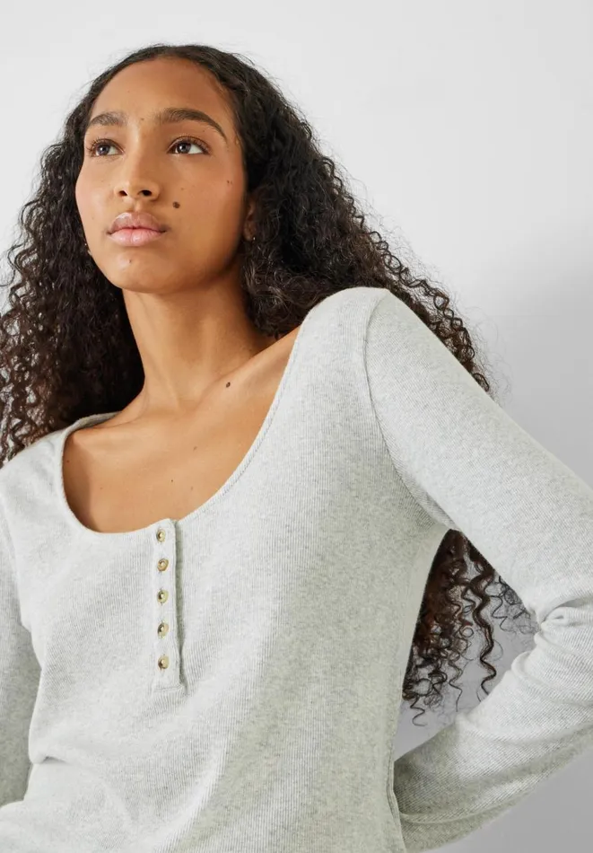 Hush Tops and Tshirts Women Long Sleeve Ribbed Henley TShirt Lightest Grey Marl Hush Tops and Tshirts Women Long Sleeve Ribbed Henley TShirt Lightest Grey Marl