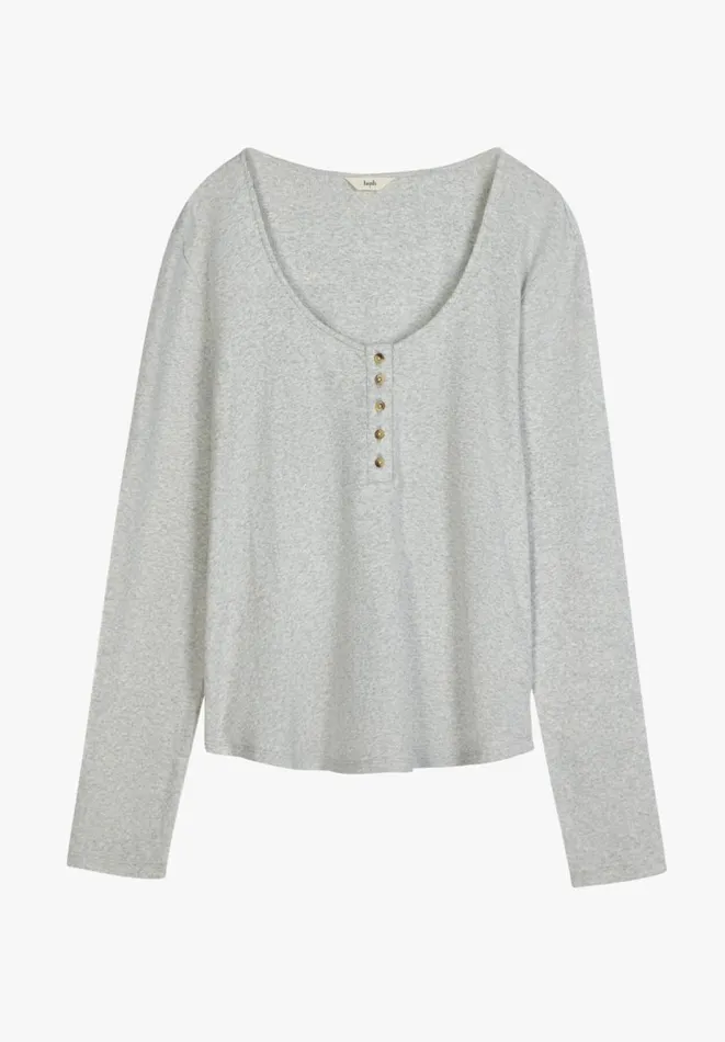 Hush Tops and Tshirts Women Long Sleeve Ribbed Henley TShirt Lightest Grey Marl Hush Tops and Tshirts Women Long Sleeve Ribbed Henley TShirt Lightest Grey Marl