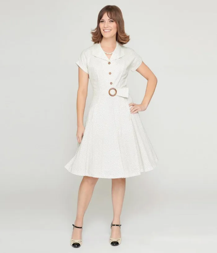 Ivory and Black Polka Dot Flare Dress DressesPlus Unique Vintage Fit and Flare