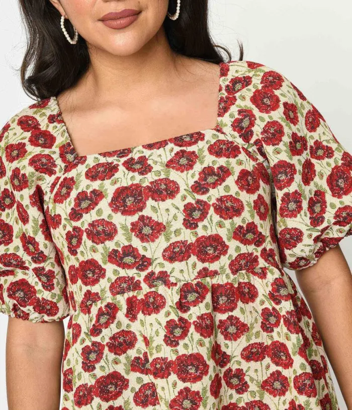 Ivory and Red Floral Kiss Jacquard Fit and Flare Dress DressesPlus Unique Vintage Pocket Dresses