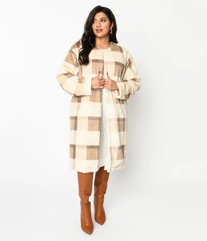 Ivory and Tan Plaid Faux Fur Long Cardigan ClothingPlus Unique Vintage Jackets Ivory and Tan Plaid Faux Fur Long Cardigan ClothingPlus Unique Vintage Jackets
