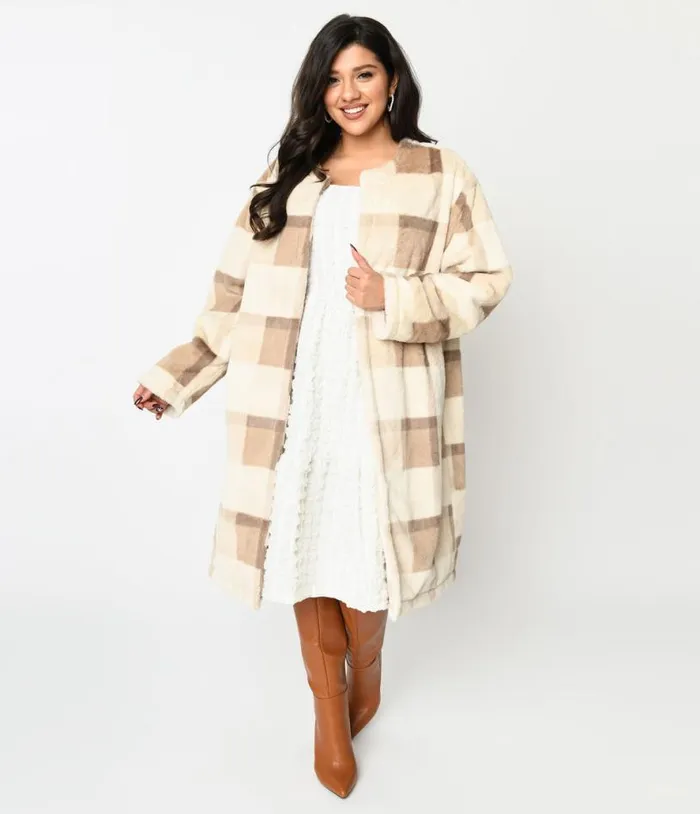 Ivory and Tan Plaid Faux Fur Long Cardigan ClothingPlus Unique Vintage Jackets