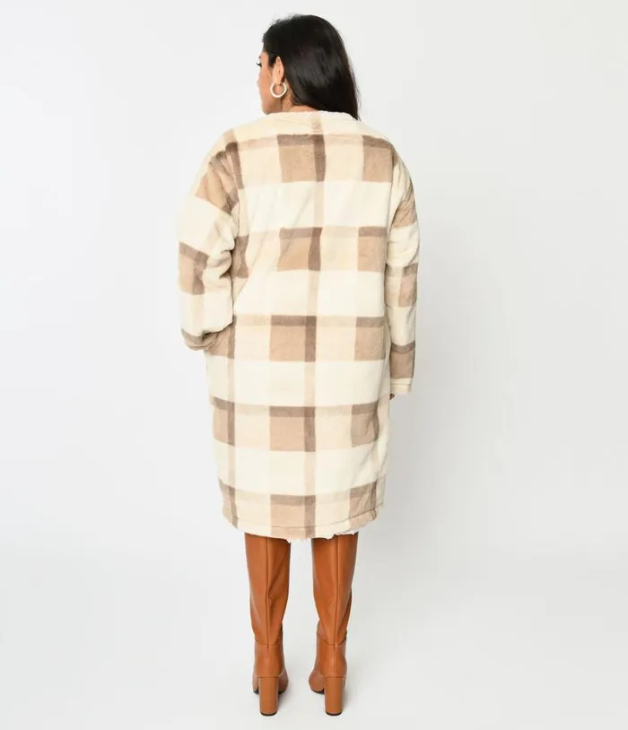 Ivory and Tan Plaid Faux Fur Long Cardigan ClothingPlus Unique Vintage Jackets