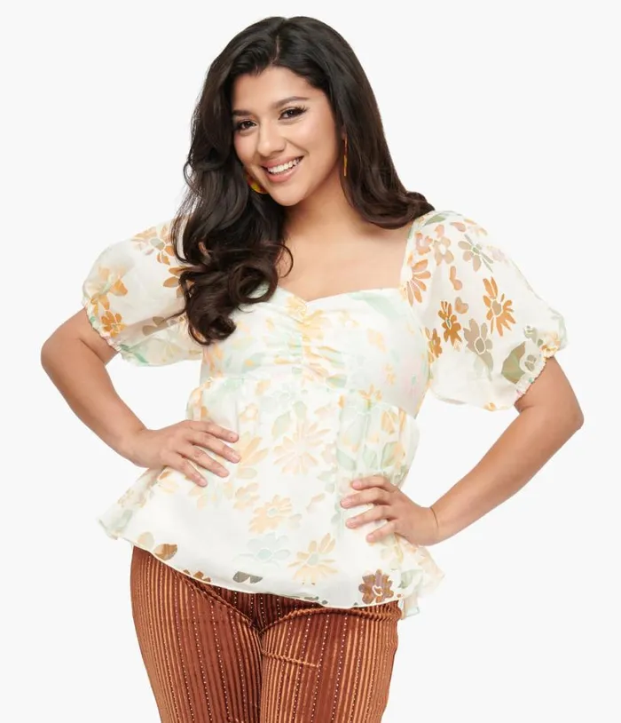 Ivory and Tangerine Floral Babydoll Blouse Clothing Unique Vintage Blouses
