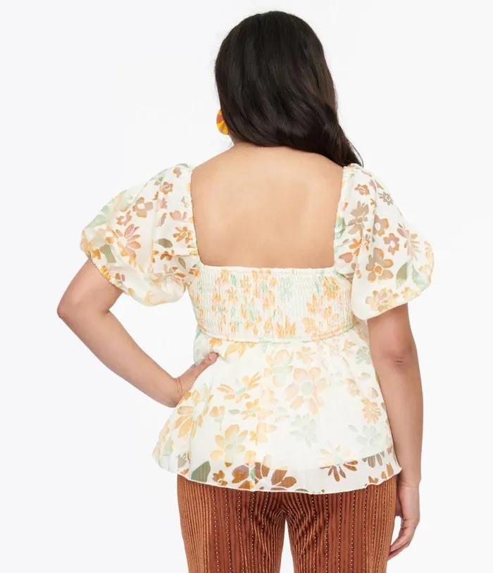 Ivory and Tangerine Floral Babydoll Blouse Clothing Unique Vintage Blouses