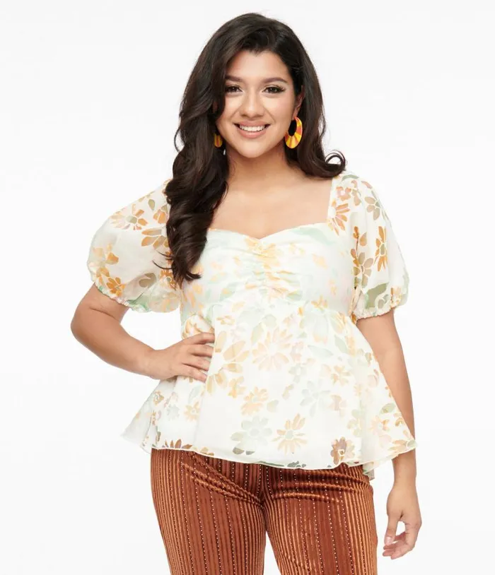 Ivory and Tangerine Floral Babydoll Blouse Clothing Unique Vintage Blouses