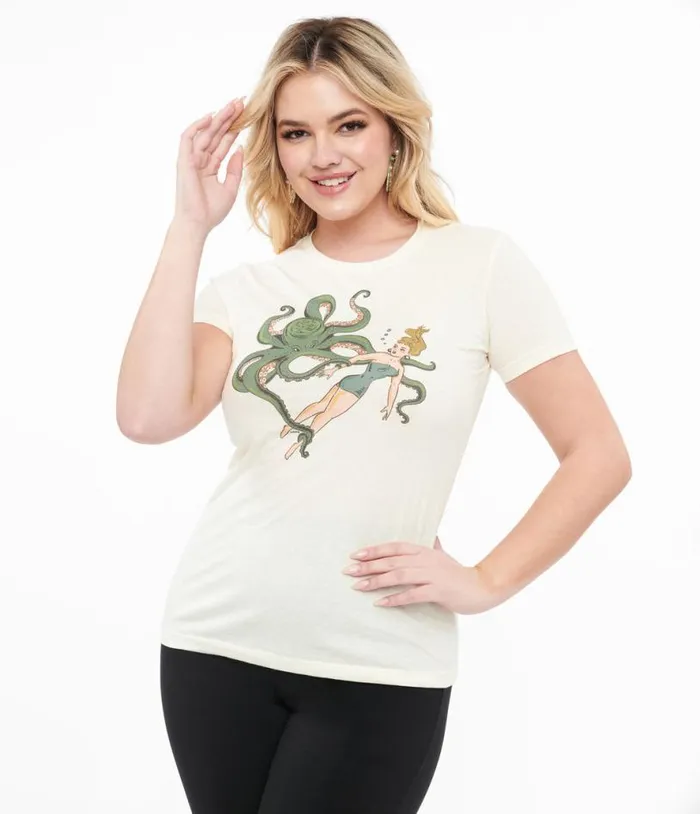 Ivory Girl and Octopus Fitted Graphic Tee ClothingPlus Unique Vintage Graphic Tees