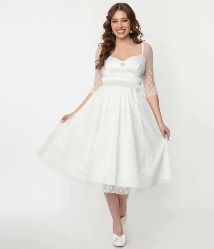 Ivory Polka Dot Lamar Bridal Swing Dress Dresses Unique Vintage Swing