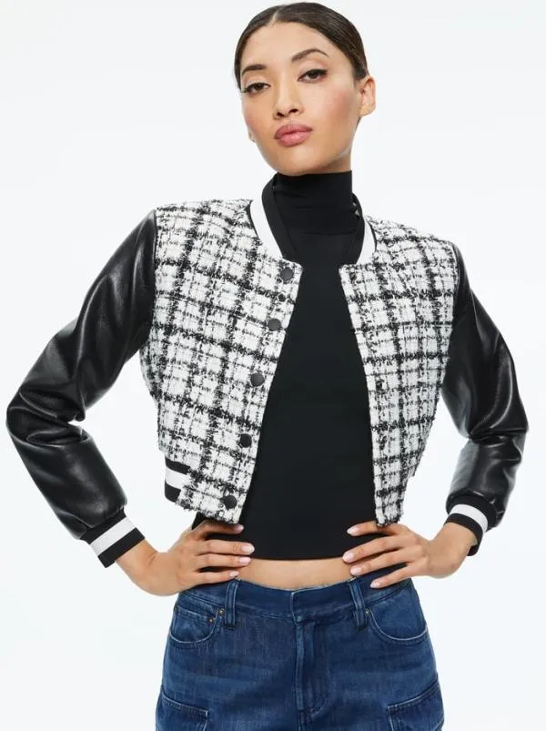 Jackets Coats Women Alice Olivia CAMELIA CROPPED COMBINATION VARSITY JACKET Off Whiteblack Jackets Coats Women Alice Olivia CAMELIA CROPPED COMBINATION VARSITY JACKET Off Whiteblack