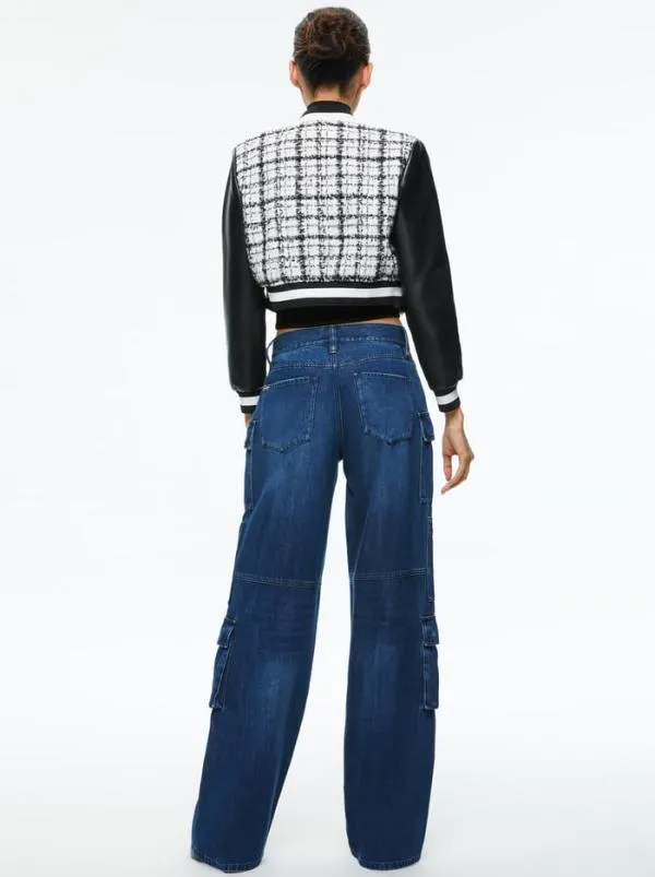 Jackets Coats Women Alice Olivia CAMELIA CROPPED COMBINATION VARSITY JACKET Off Whiteblack