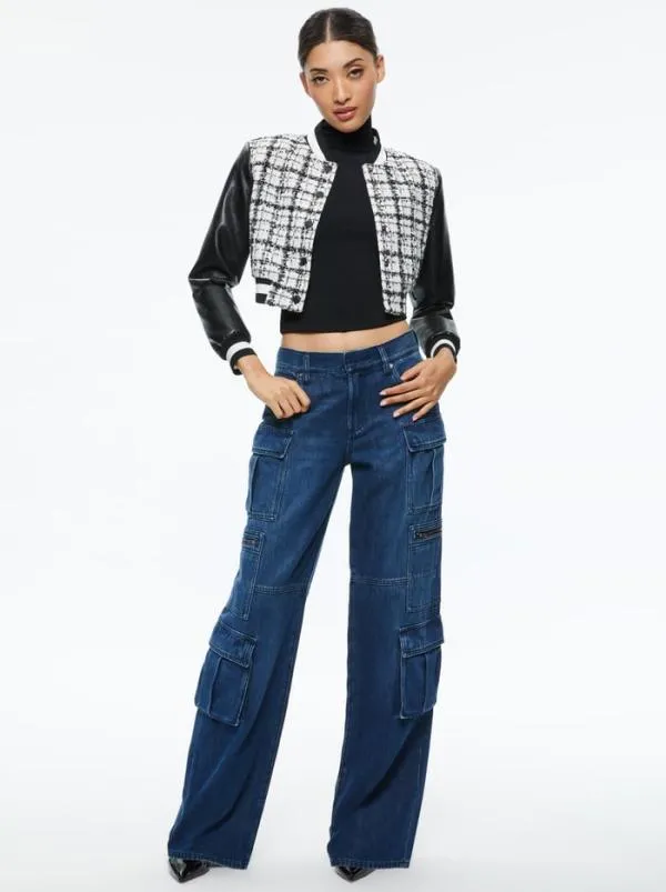Jackets Coats Women Alice Olivia CAMELIA CROPPED COMBINATION VARSITY JACKET Off Whiteblack