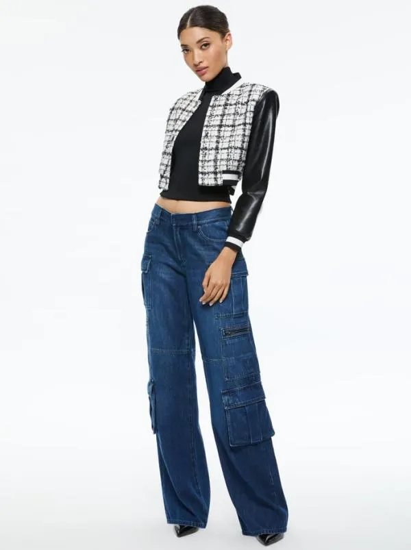 Jackets Coats Women Alice Olivia CAMELIA CROPPED COMBINATION VARSITY JACKET Off Whiteblack