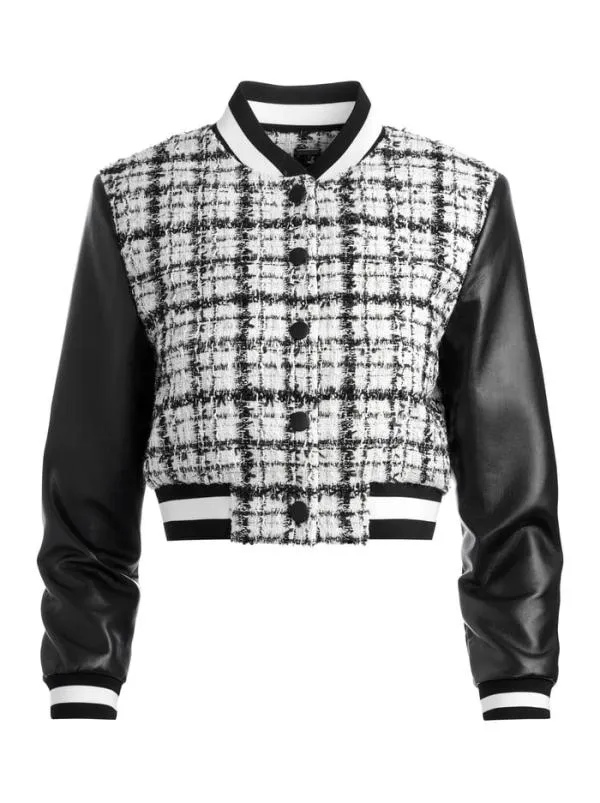 Jackets Coats Women Alice Olivia CAMELIA CROPPED COMBINATION VARSITY JACKET Off Whiteblack