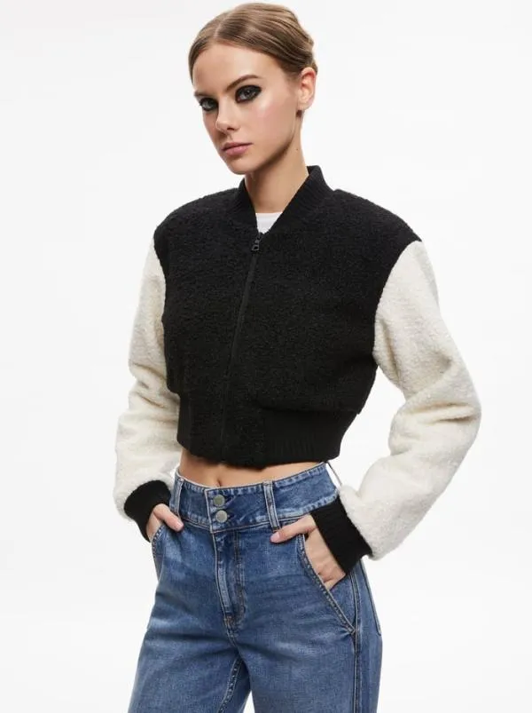 Jackets Coats Women Alice Olivia FELISA FUZZY KNIT CROPPED VARSITY JACKET Blackecru Jackets Coats Women Alice Olivia FELISA FUZZY KNIT CROPPED VARSITY JACKET Blackecru