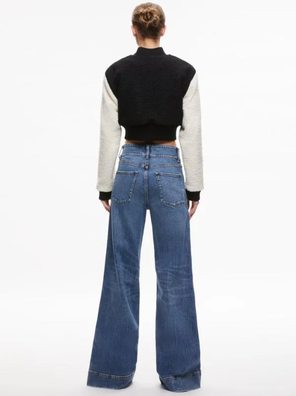 Jackets Coats Women Alice Olivia FELISA FUZZY KNIT CROPPED VARSITY JACKET Blackecru