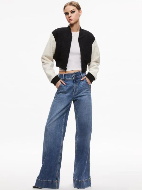 Jackets Coats Women Alice Olivia FELISA FUZZY KNIT CROPPED VARSITY JACKET Blackecru