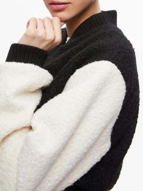 Jackets Coats Women Alice Olivia FELISA FUZZY KNIT CROPPED VARSITY JACKET Blackecru