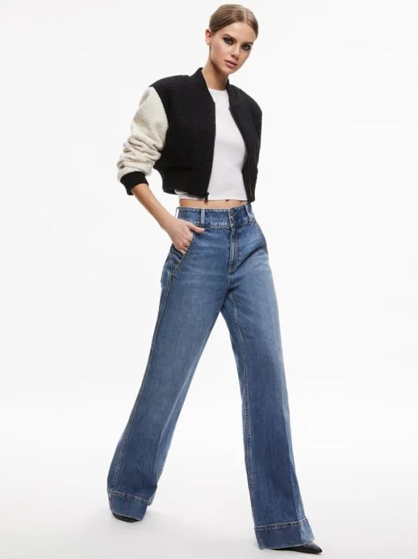 Jackets Coats Women Alice Olivia FELISA FUZZY KNIT CROPPED VARSITY JACKET Blackecru