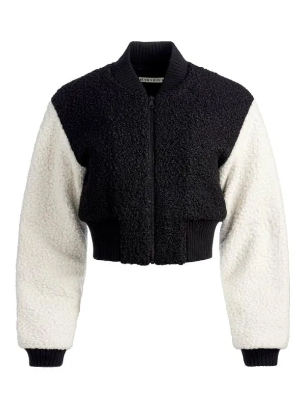 Jackets Coats Women Alice Olivia FELISA FUZZY KNIT CROPPED VARSITY JACKET Blackecru