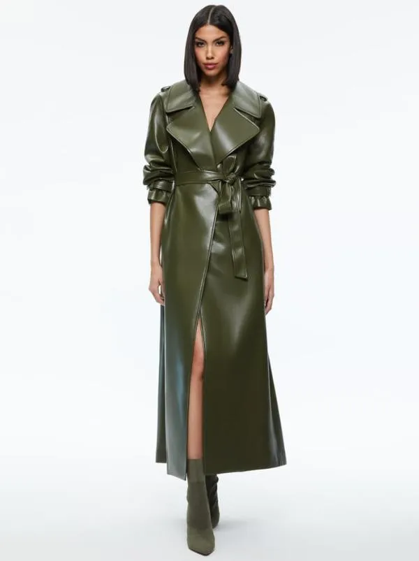 Jackets Coats Women Alice Olivia JARRETT VEGAN LEATHER TRENCH COAT Olive