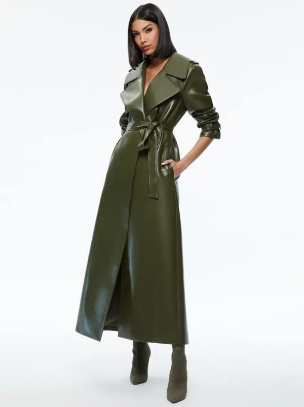 Jackets Coats Women Alice Olivia JARRETT VEGAN LEATHER TRENCH COAT Olive