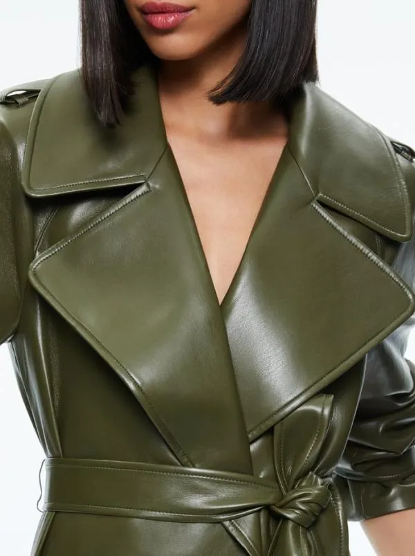 Jackets Coats Women Alice Olivia JARRETT VEGAN LEATHER TRENCH COAT Olive