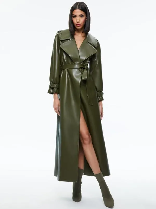 Jackets Coats Women Alice Olivia JARRETT VEGAN LEATHER TRENCH COAT Olive
