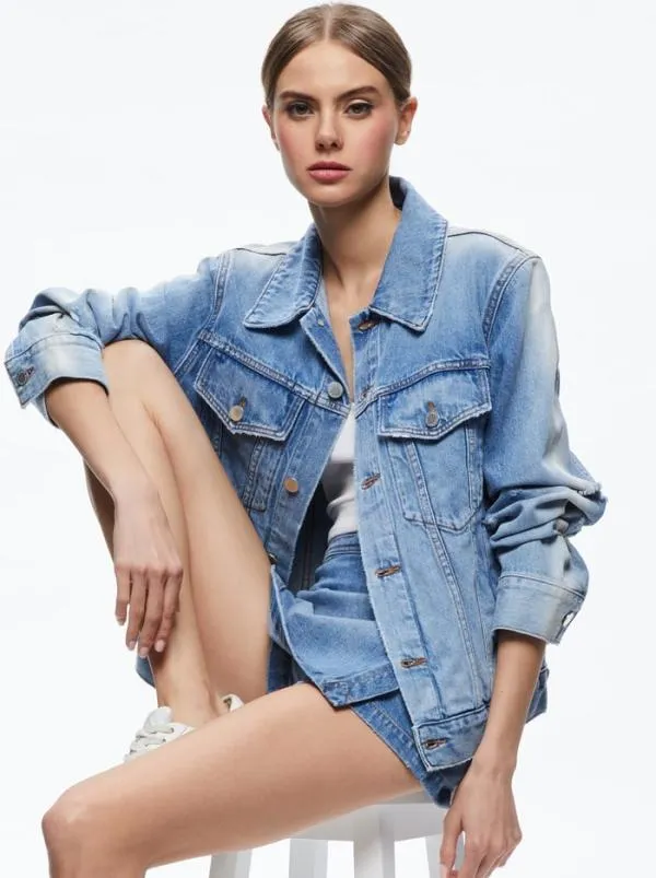 Jackets Coats Women Alice Olivia JEFF OVERSIZED DENIM JACKET Light Indigo Bleached Stripe Jackets Coats Women Alice Olivia JEFF OVERSIZED DENIM JACKET Light Indigo Bleached Stripe
