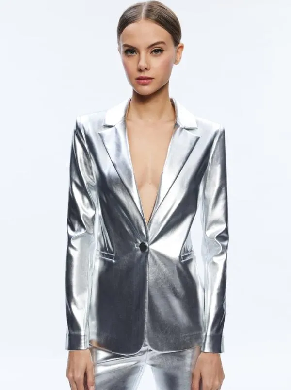 Jackets Coats Women Alice Olivia MACEY METALLIC VEGAN LEATHER BLAZER Silver