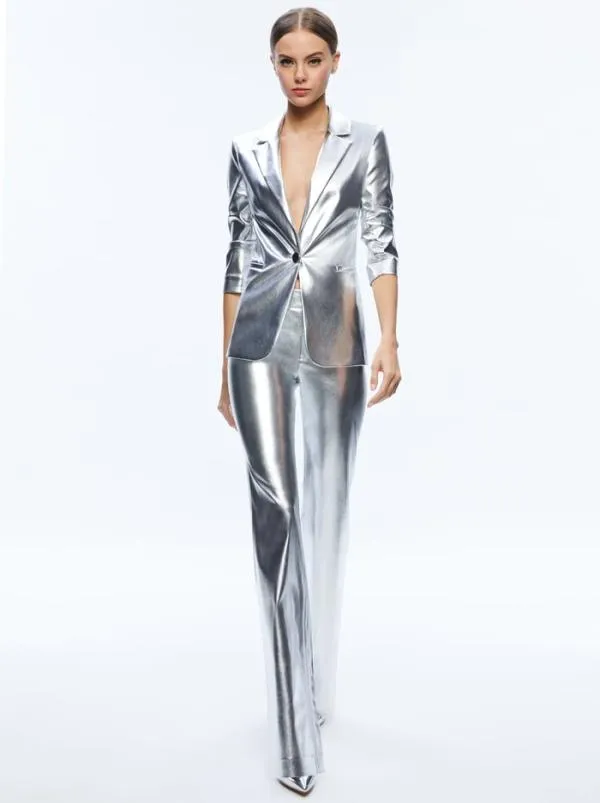 Jackets Coats Women Alice Olivia MACEY METALLIC VEGAN LEATHER BLAZER Silver