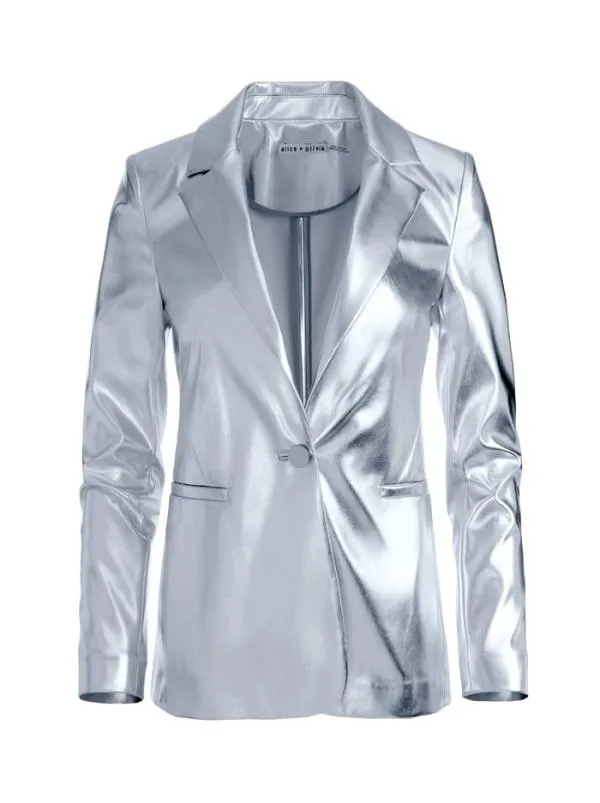 Jackets Coats Women Alice Olivia MACEY METALLIC VEGAN LEATHER BLAZER Silver