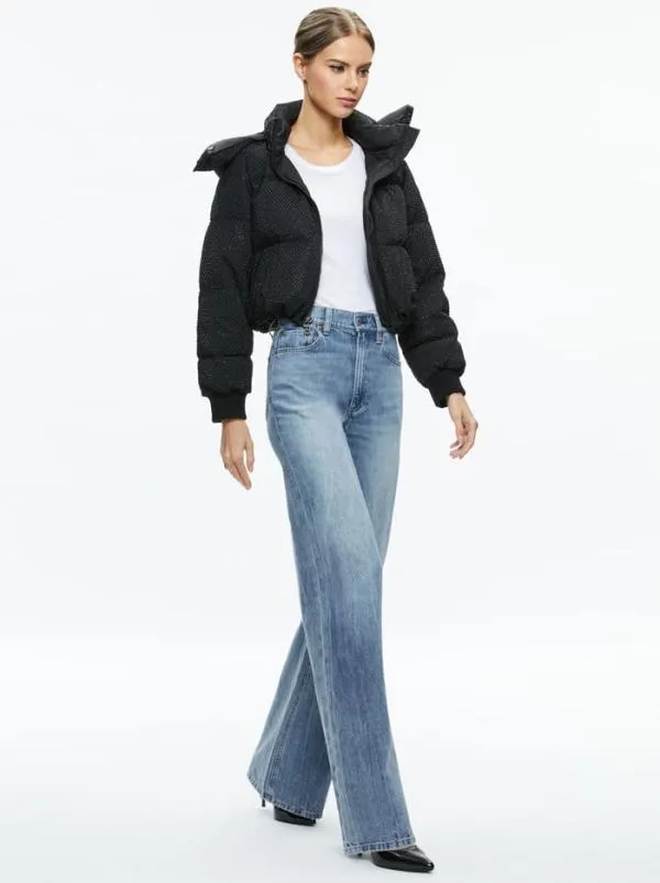 Jackets Coats Women Alice Olivia ROBENA CRYSTAL EMBELLISHED CROPPED PUFFER Black