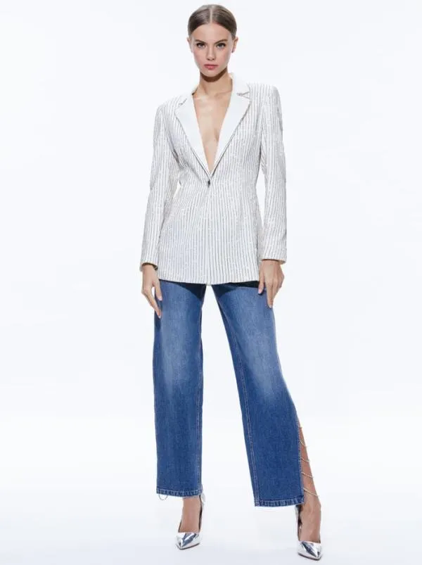 Jackets Coats Women Alice Olivia YONA PINSTRIPE EMBELLISHED BLAZER Ecrucrystal