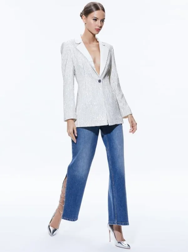 Jackets Coats Women Alice Olivia YONA PINSTRIPE EMBELLISHED BLAZER Ecrucrystal