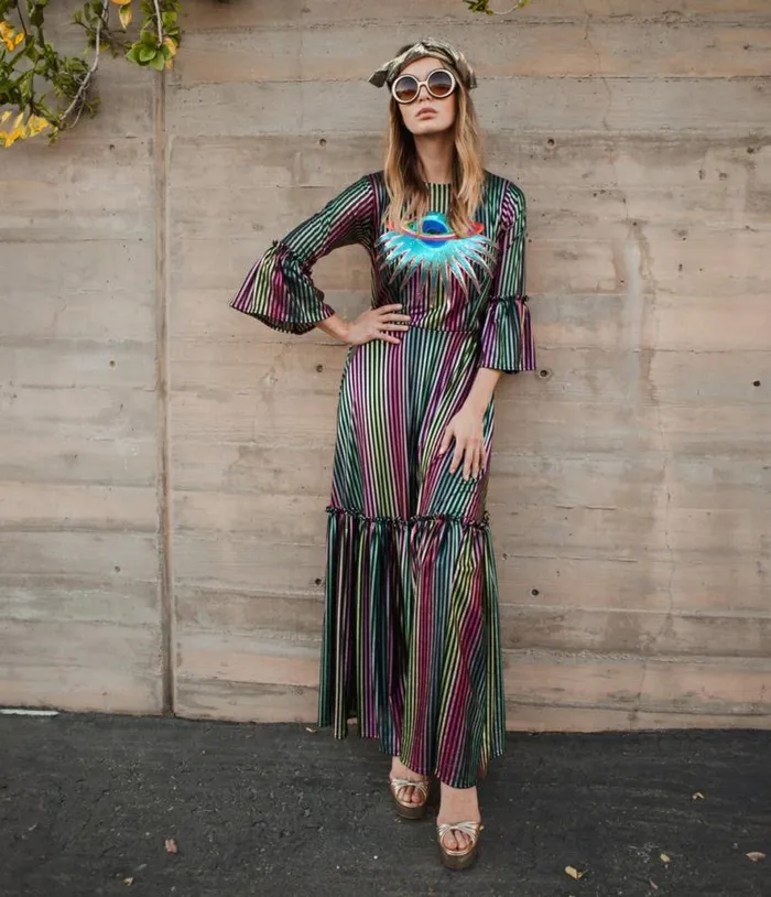 Jennafer Grace Iridescent Rainbow Stripe Planet Queen Carnivale Ruffle Dress Dresses Unique Vintage Maxi Jennafer Grace Iridescent Rainbow Stripe Planet Queen Carnivale Ruffle Dress Dresses Unique Vintage Maxi