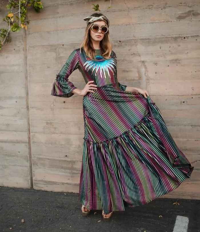 Jennafer Grace Iridescent Rainbow Stripe Planet Queen Carnivale Ruffle Dress Dresses Unique Vintage Maxi