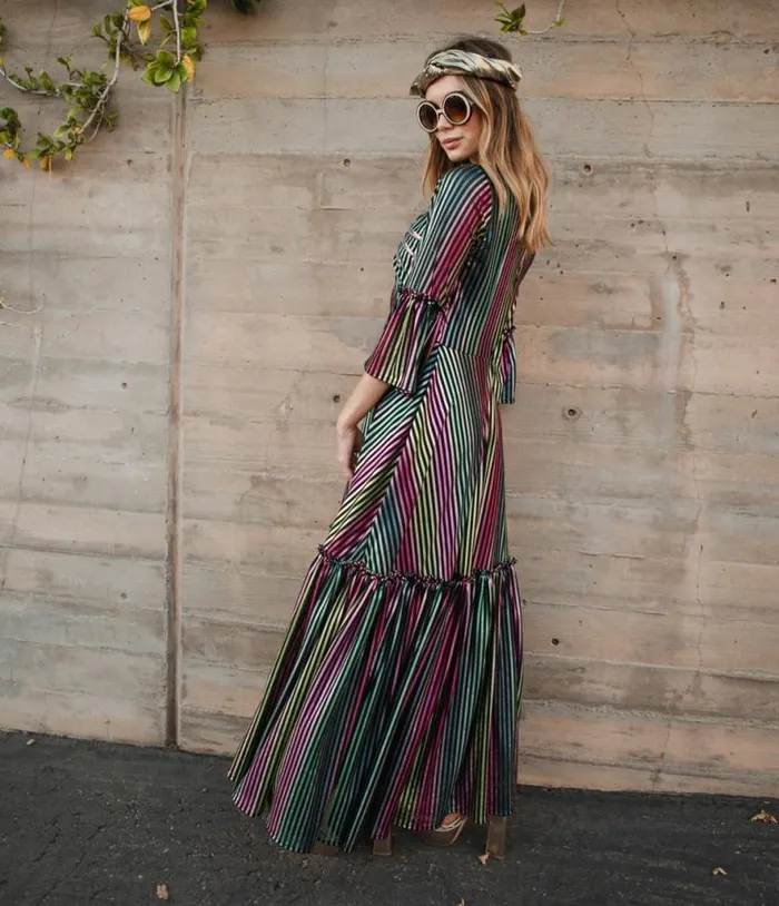 Jennafer Grace Iridescent Rainbow Stripe Planet Queen Carnivale Ruffle Dress Dresses Unique Vintage Maxi