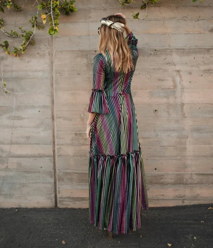 Jennafer Grace Iridescent Rainbow Stripe Planet Queen Carnivale Ruffle Dress Dresses Unique Vintage Maxi