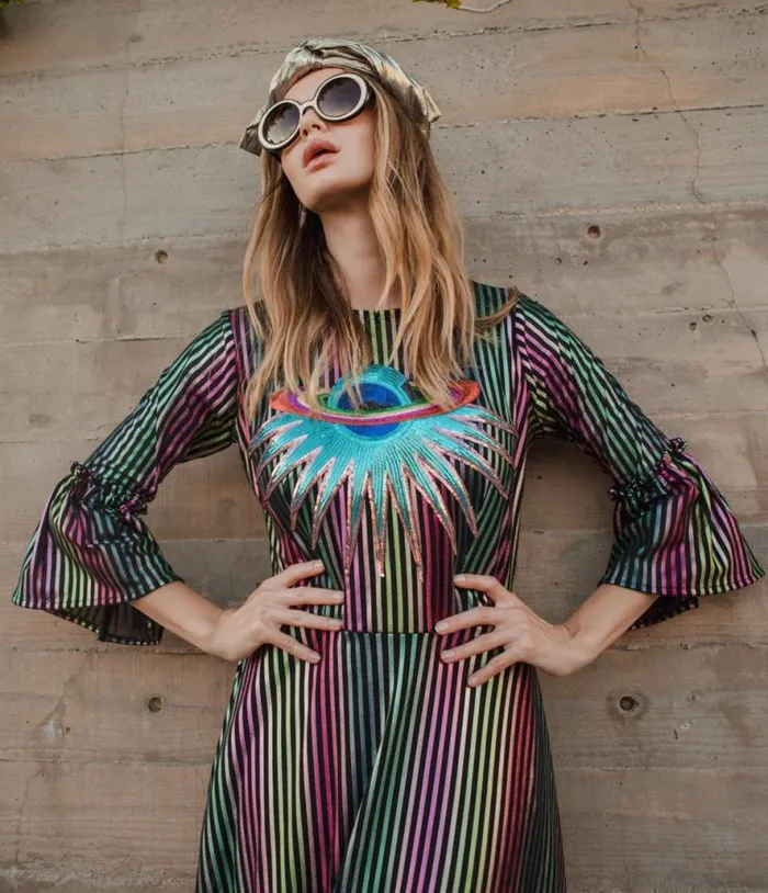 Jennafer Grace Iridescent Rainbow Stripe Planet Queen Carnivale Ruffle Dress Dresses Unique Vintage Maxi