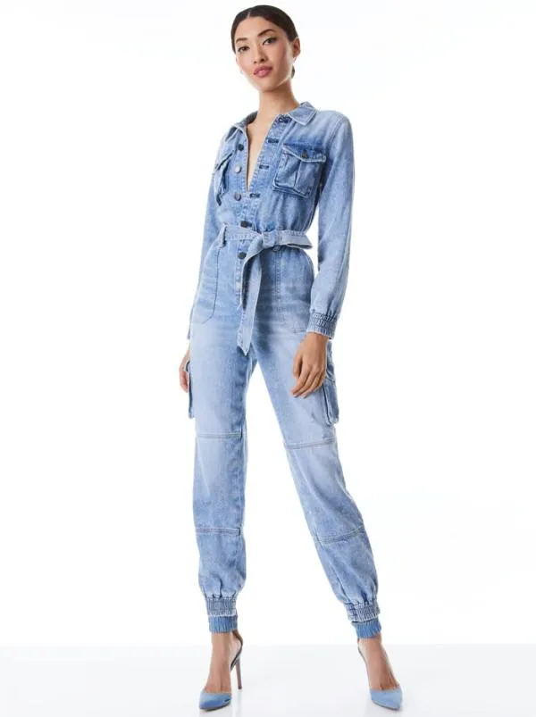 Jumpsuits Women Alice Olivia ETHA CHAMBRAY JUMPSUIT Lightning Blue
