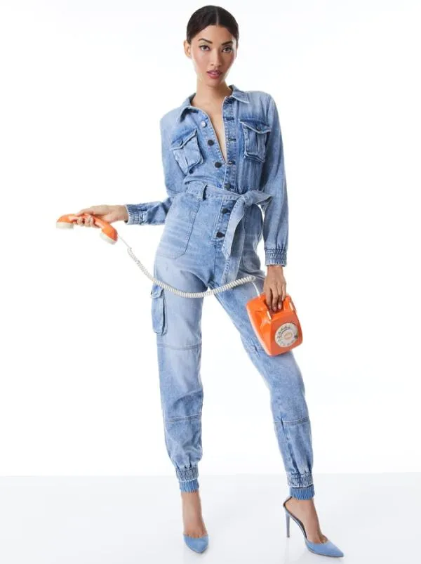 Jumpsuits Women Alice Olivia ETHA CHAMBRAY JUMPSUIT Lightning Blue