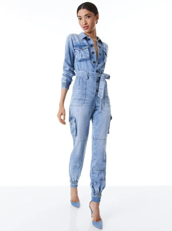 Jumpsuits Women Alice Olivia ETHA CHAMBRAY JUMPSUIT Lightning Blue