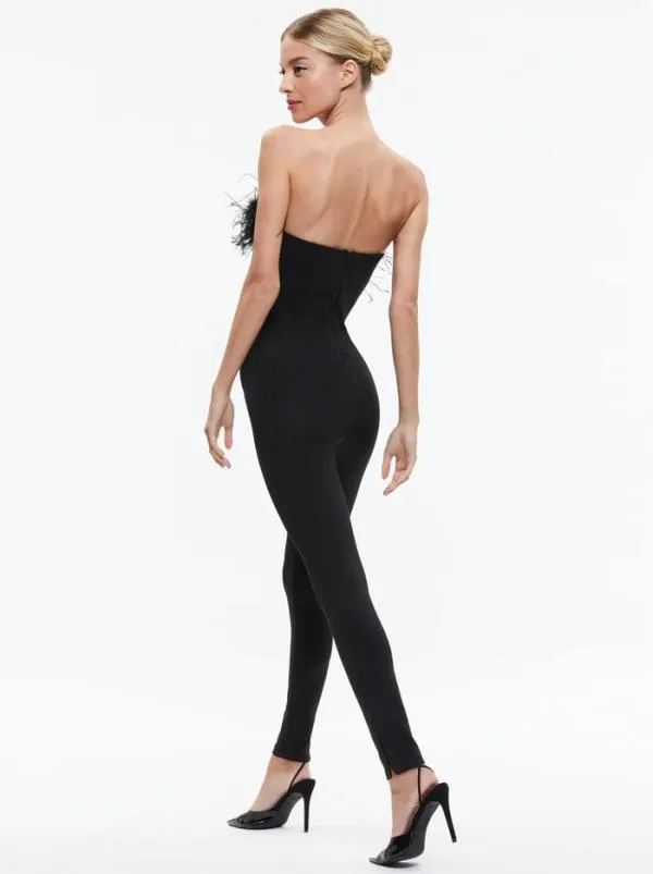 Jumpsuits Women Alice Olivia IDELL OFF SHOULDER FEATHER TRIM JUMPSUIT Black
