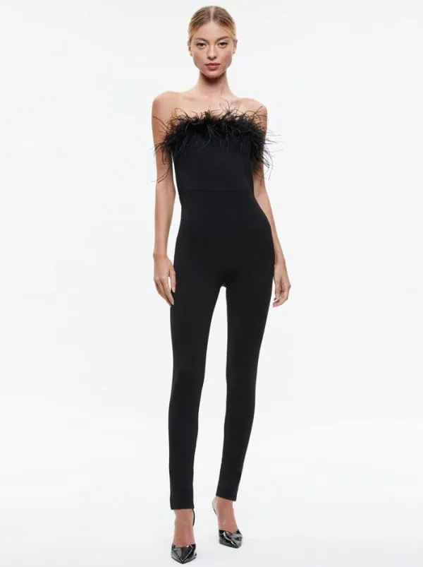 Jumpsuits Women Alice Olivia IDELL OFF SHOULDER FEATHER TRIM JUMPSUIT Black