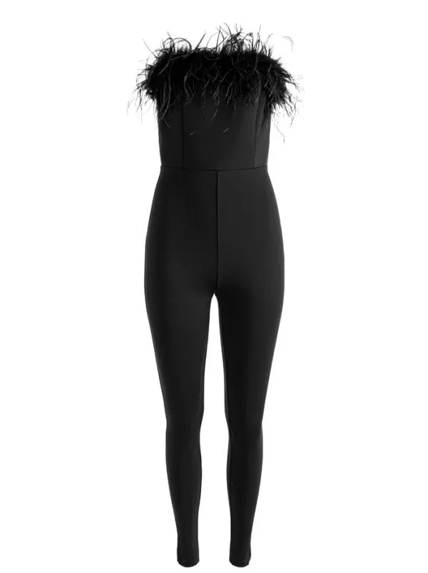 Jumpsuits Women Alice Olivia IDELL OFF SHOULDER FEATHER TRIM JUMPSUIT Black