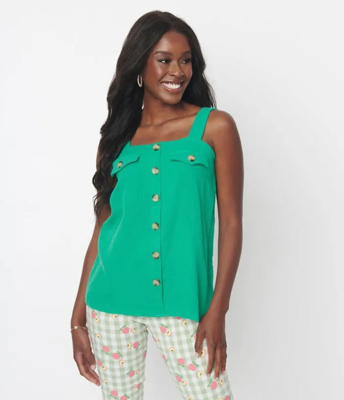 Kelly Green Faux Button Sleeveless Top Clothing Unique Vintage Blouses